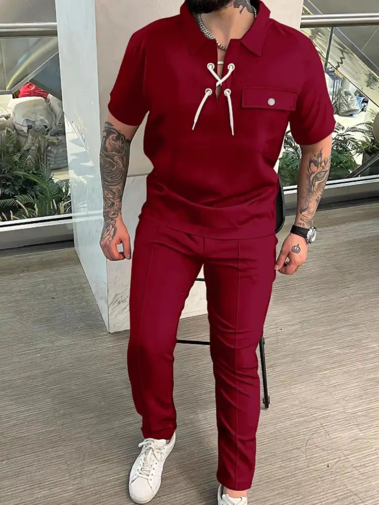 Men’s Full Size Lace Up Short Sleeve Top and Pants Plus