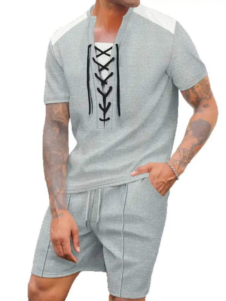 Men’s Full Size Lace-Up Waffle Knit Top and Shorts Set Plus