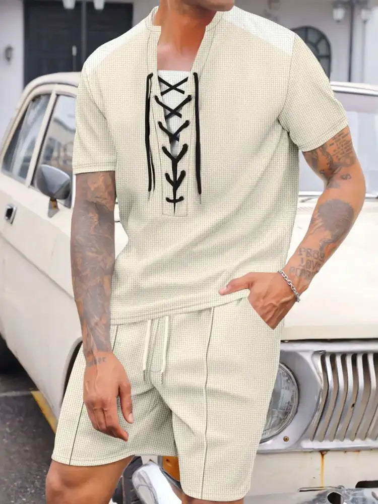 Men’s Full Size Lace-Up Waffle Knit Top and Shorts Set Plus