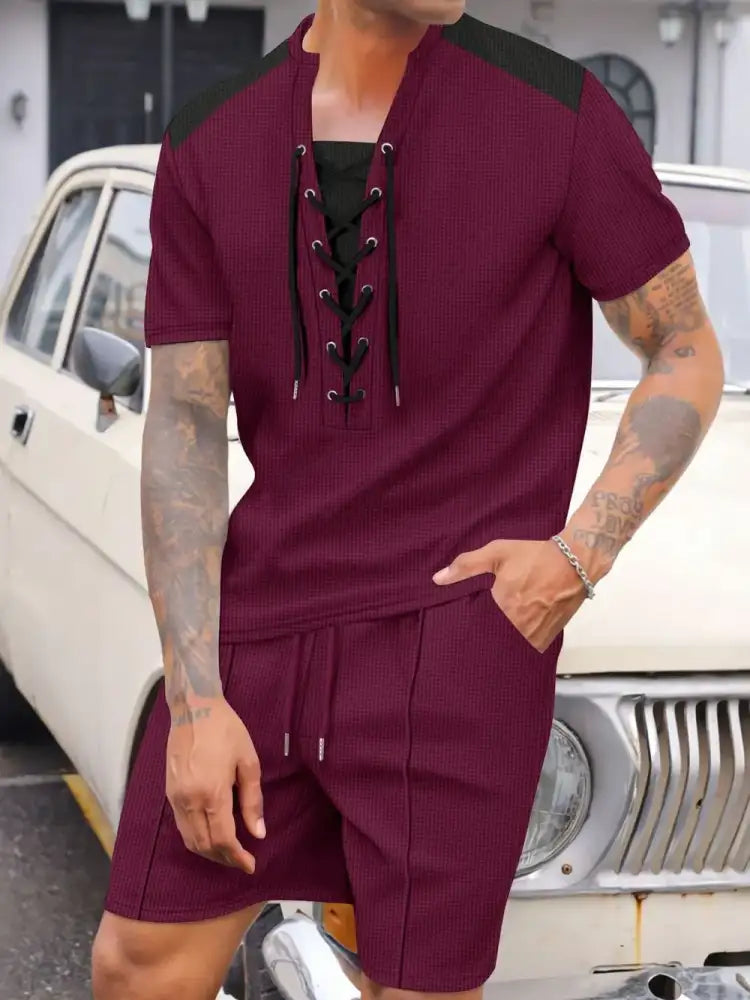 Men’s Full Size Lace-Up Waffle Knit Top and Shorts Set Plus