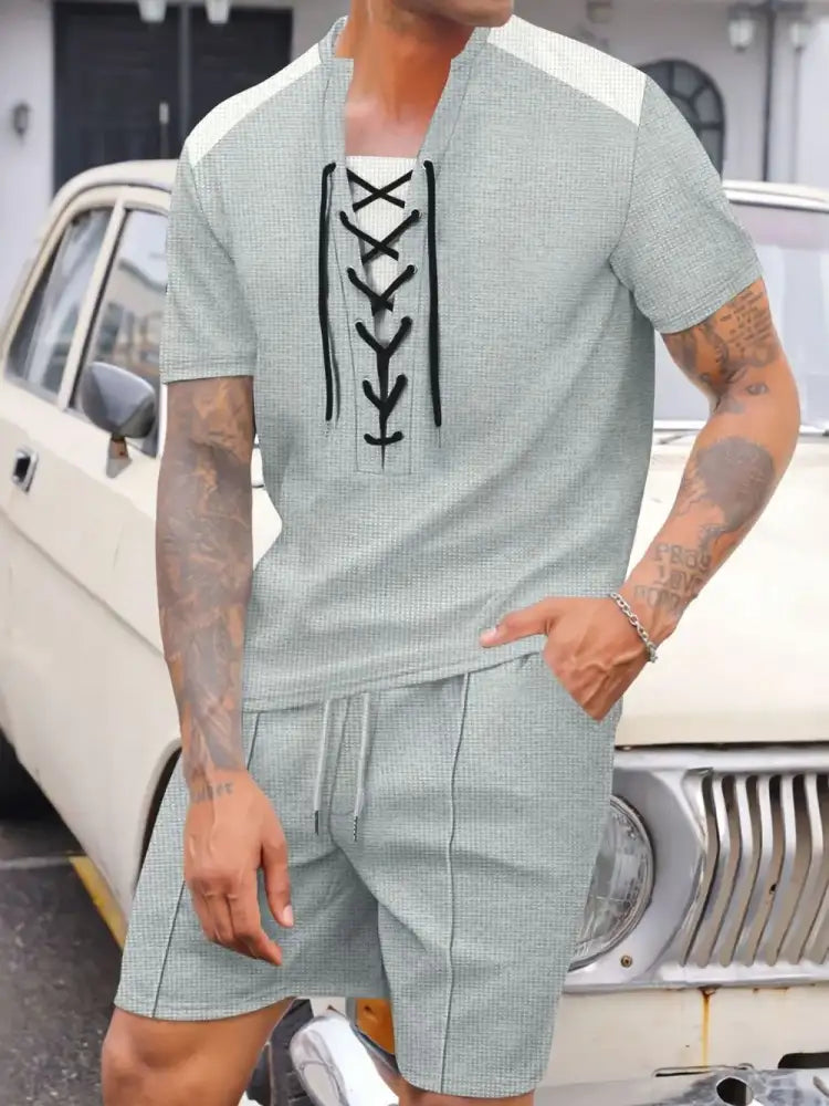 Men’s Full Size Lace-Up Waffle Knit Top and Shorts Set Plus