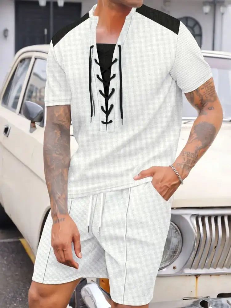 Men’s Full Size Lace-Up Waffle Knit Top and Shorts Set Plus