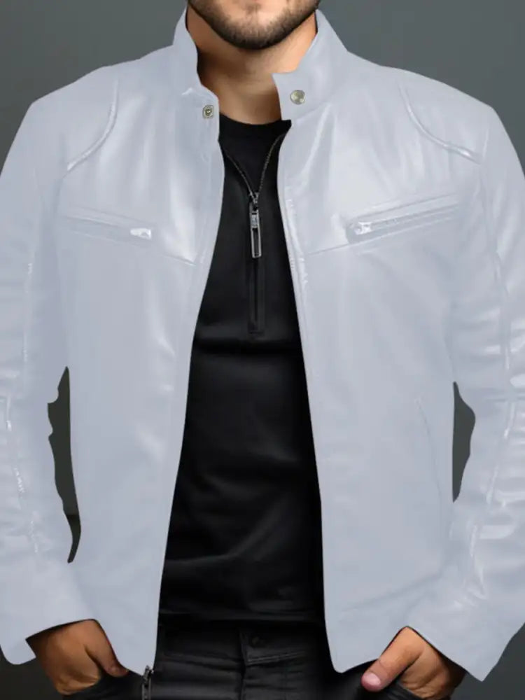 Men’s Full Size Leather Motorcycle Jacket with Zipper Front Plus