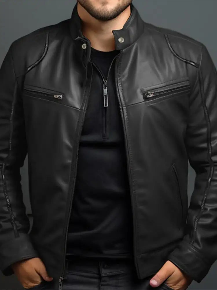 Men’s Full Size Leather Motorcycle Jacket with Zipper Front Plus