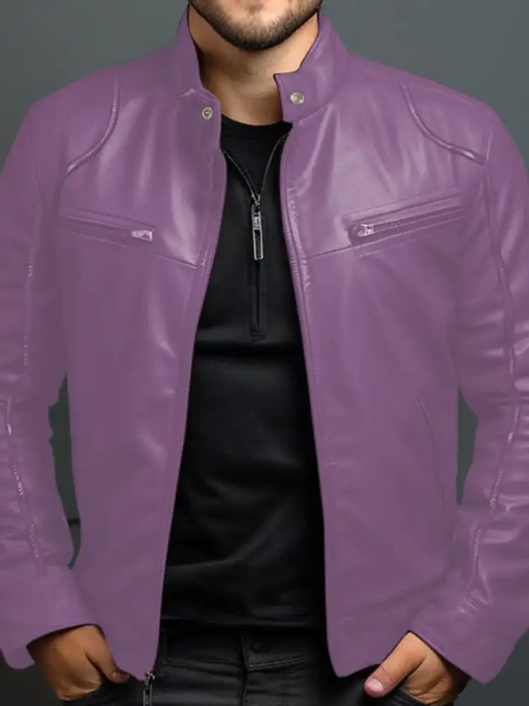 Men’s Full Size Leather Motorcycle Jacket with Zipper Front Plus