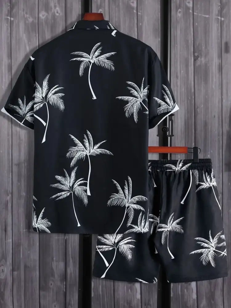Men’s Full Size Palm Print Shirt and Shorts Set - Floral | black white palm tree print
