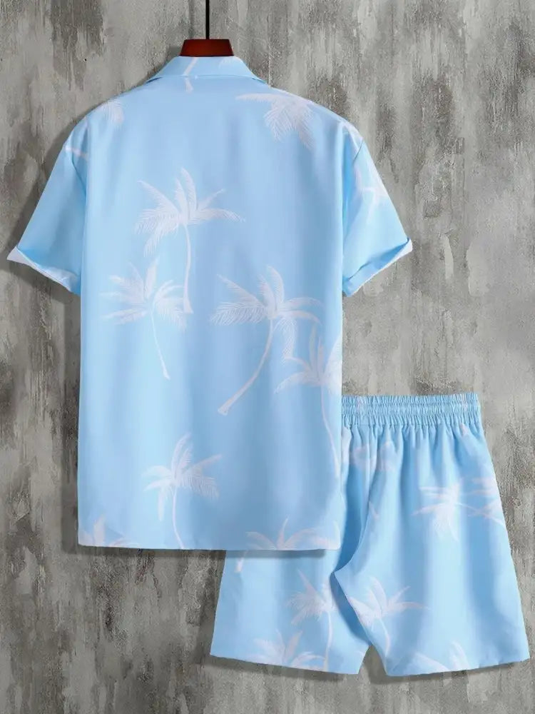 Men’s Full Size Palm Print Shirt and Shorts Set - Floral | light blue palm tree print