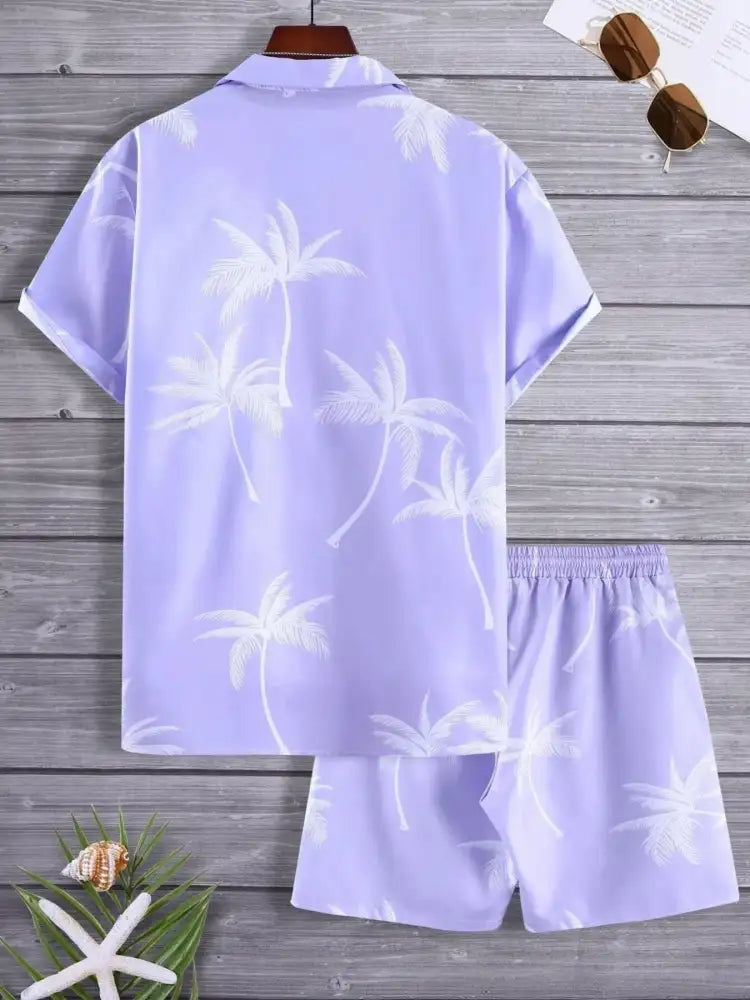 Men’s Full Size Palm Print Shirt and Shorts Set - Floral | lavender palm tree print pajama