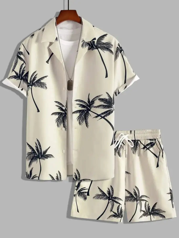 Men’s Full Size Palm Print Shirt and Shorts Set - Floral | palm tree print shorts set
