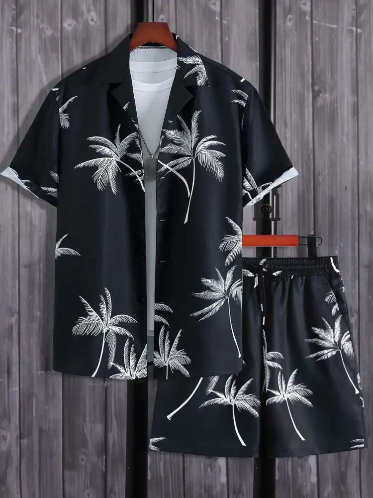 Men’s Full Size Palm Print Shirt and Shorts Set - Floral | black white palm tree print
