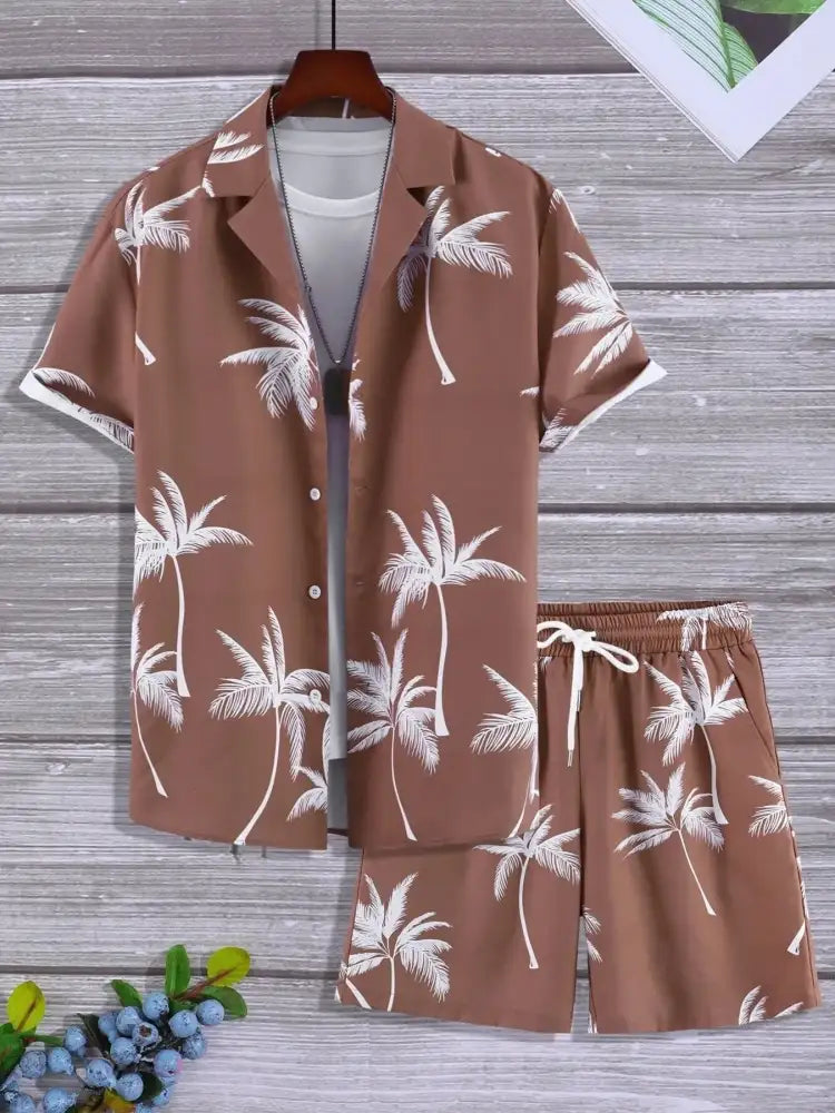 Men’s Full Size Palm Print Shirt and Shorts Set - Floral | brown palm tree print pajama