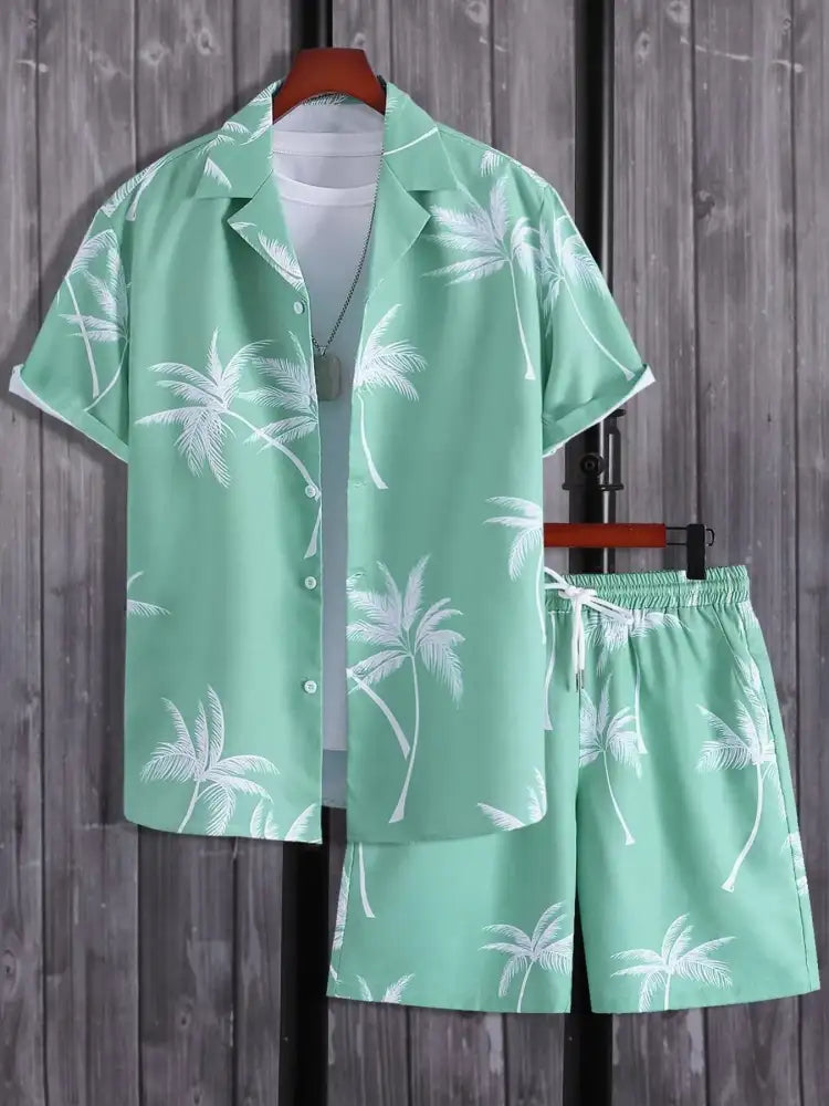 Men’s Full Size Palm Print Shirt and Shorts Set - Floral | mint green palm tree print