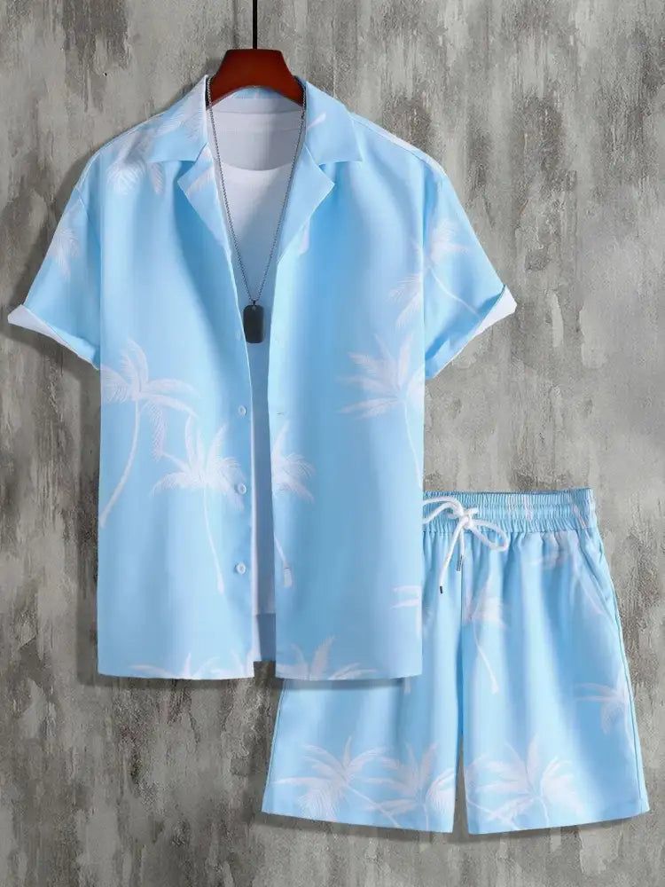 Men’s Full Size Palm Print Shirt and Shorts Set - Floral | light blue tropical print short