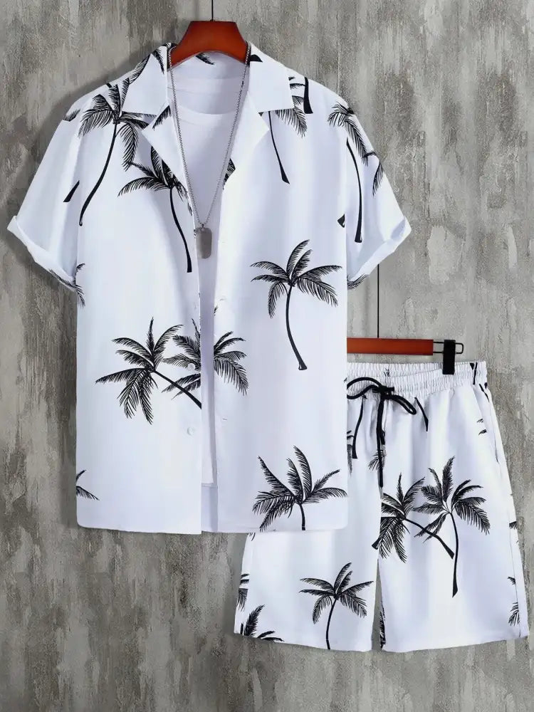 Men’s Full Size Palm Print Shirt and Shorts Set - Floral | palm tree print beach shorts