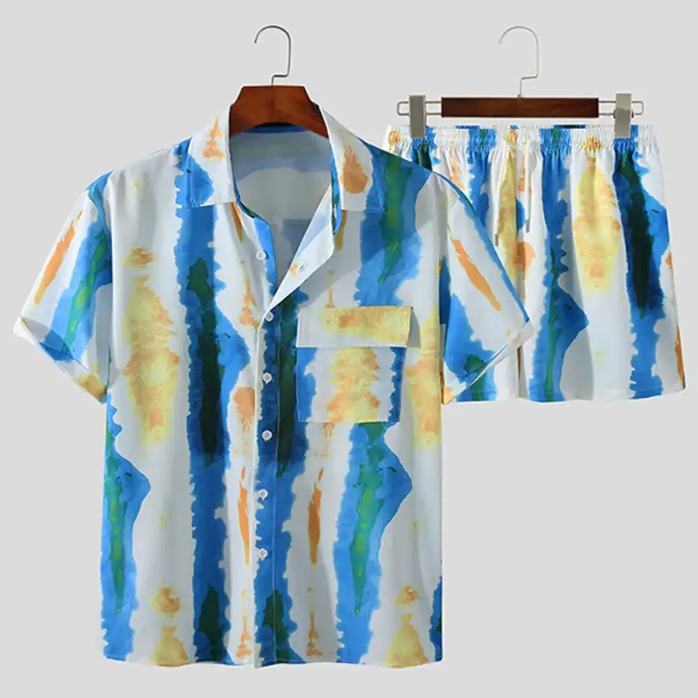 Men’s Full Size Printed Button Up Short Sleeve Shirt and Shorts Plus