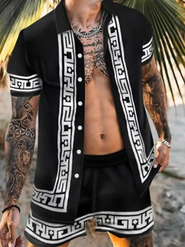 Men’s Full Size Printed Button Up Top and Shorts Set Plus