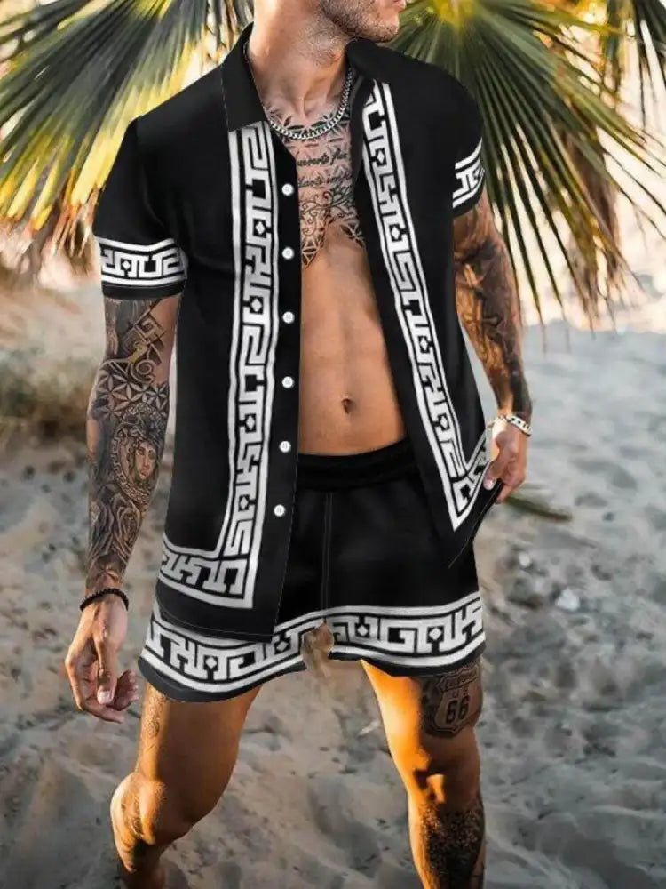 Men’s Full Size Printed Button Up Top and Shorts Set Plus