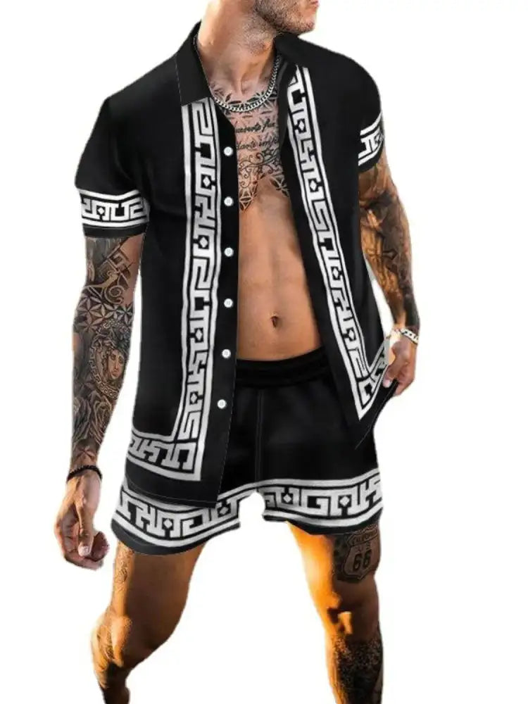 Men’s Full Size Printed Button Up Top and Shorts Set Plus