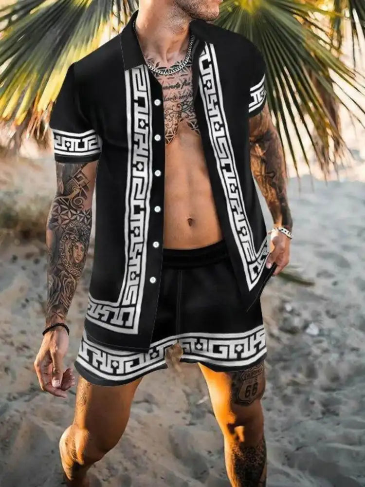 Men’s Full Size Printed Button Up Top and Shorts Set Plus