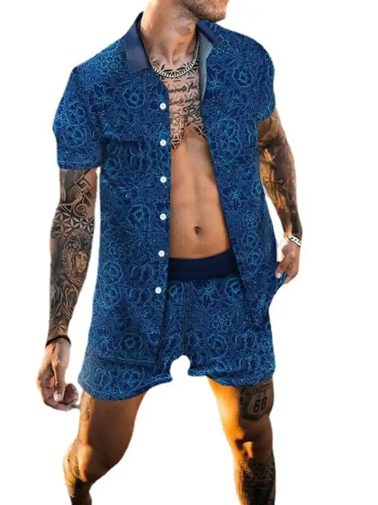Men’s Full Size Printed Collared Neck Short Sleeve Top and Shorts Set Plus