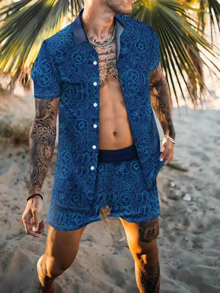 Men’s Full Size Printed Collared Neck Short Sleeve Top and Shorts Set Plus