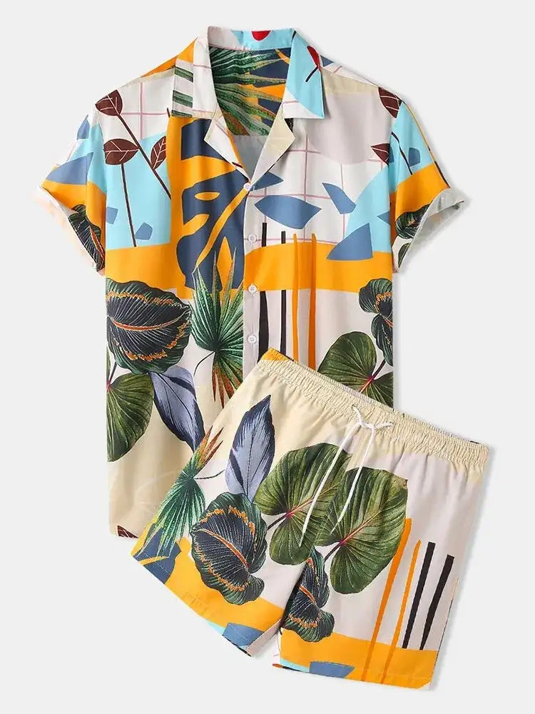 Men’s Full Size Printed Short Sleeve Shirt and Shorts Set Plus