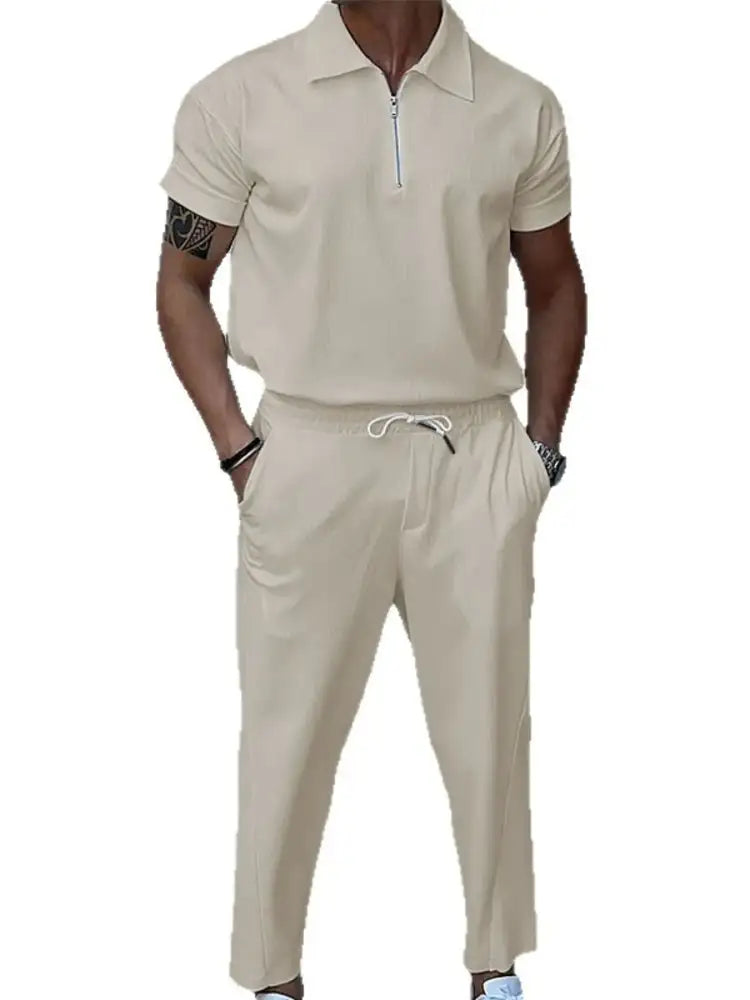 Men’s Full Size Quarter Zip Short Sleeve Polo and Pants Set Plus