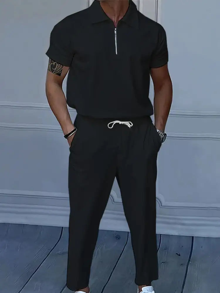 Men’s Full Size Quarter Zip Short Sleeve Polo and Pants Set Plus