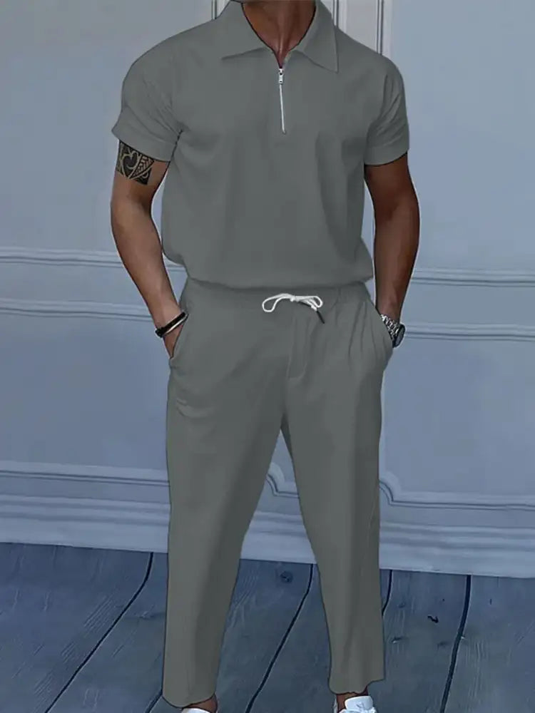 Men’s Full Size Quarter Zip Short Sleeve Polo and Pants Set Plus