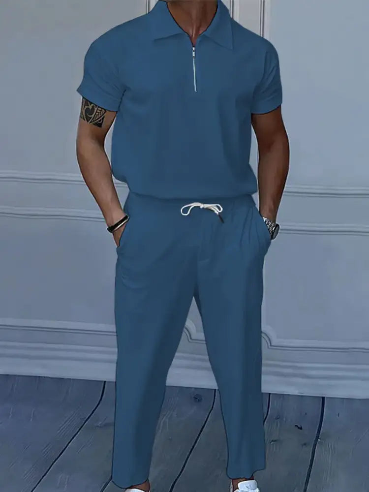 Men’s Full Size Quarter Zip Short Sleeve Polo and Pants Set Plus