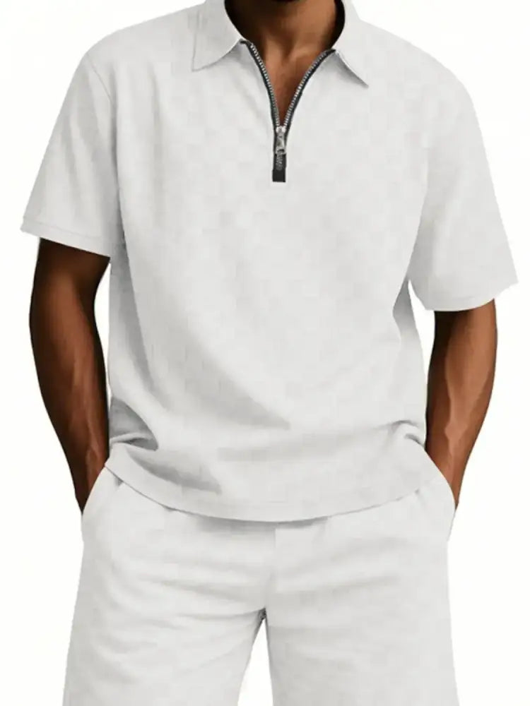 Men’s Full Size Quarter Zip Short Sleeve Top and Shorts Set Plus