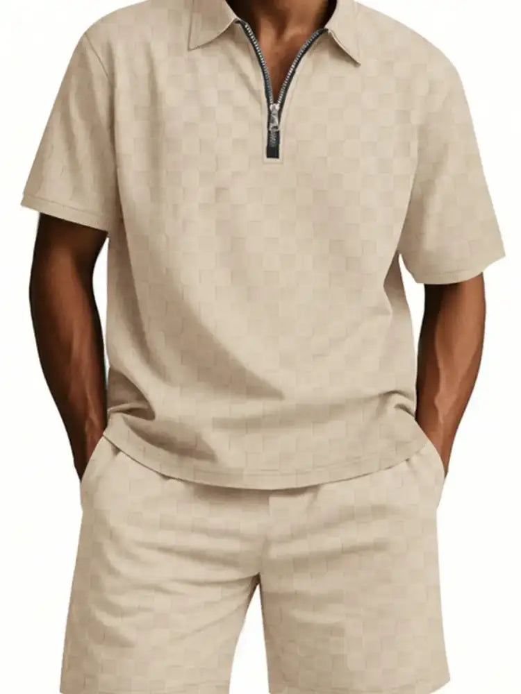 Men’s Full Size Quarter Zip Short Sleeve Top and Shorts Set Plus