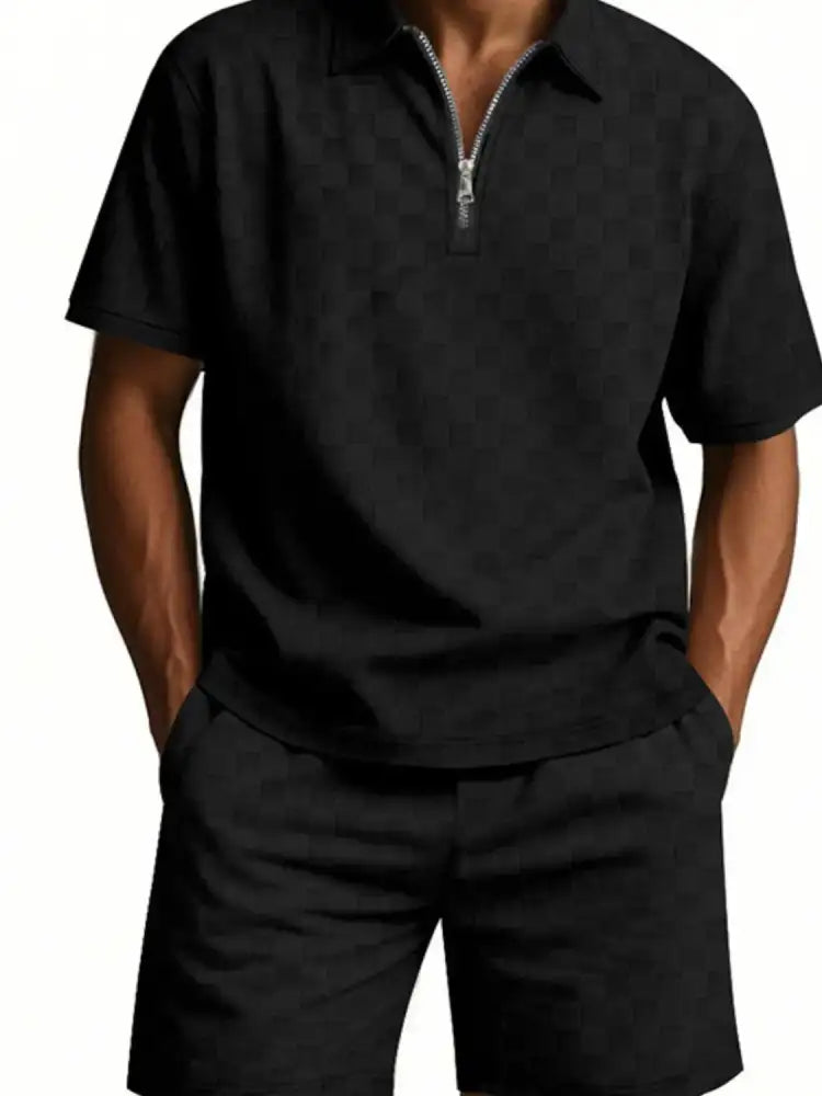 Men’s Full Size Quarter Zip Short Sleeve Top and Shorts Set Plus