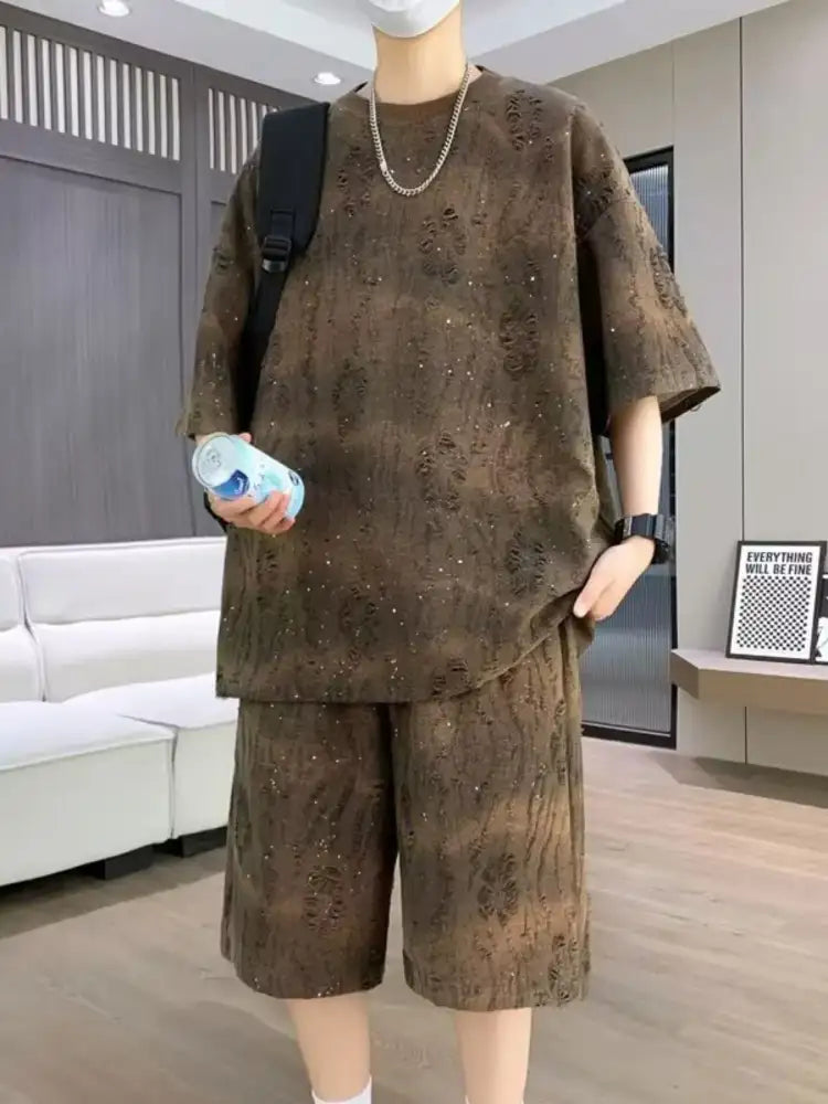 Men’s Full Size Round Neck Half Sleeve Top and Shorts Set Plus