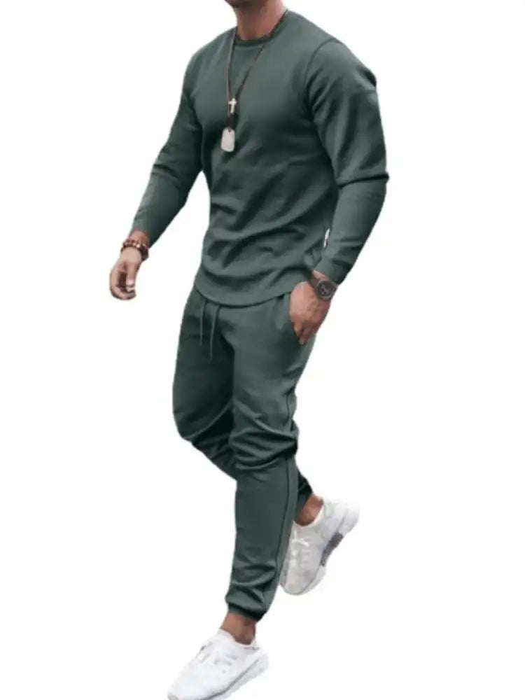 Men’s Full Size Round Neck Long Sleeve Top and Pants Set Plus