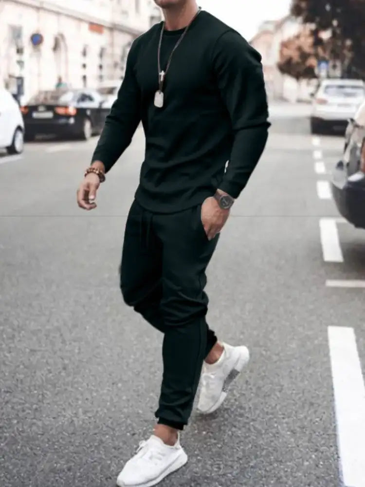 Men’s Full Size Round Neck Long Sleeve Top and Pants Set Plus