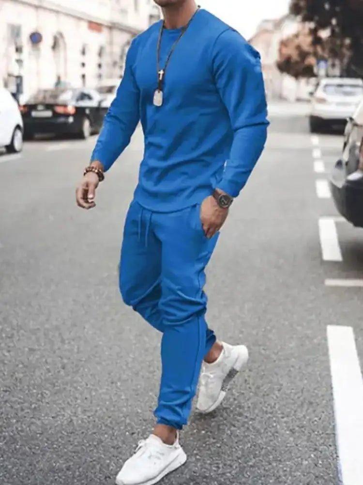 Men’s Full Size Round Neck Long Sleeve Top and Pants Set Plus