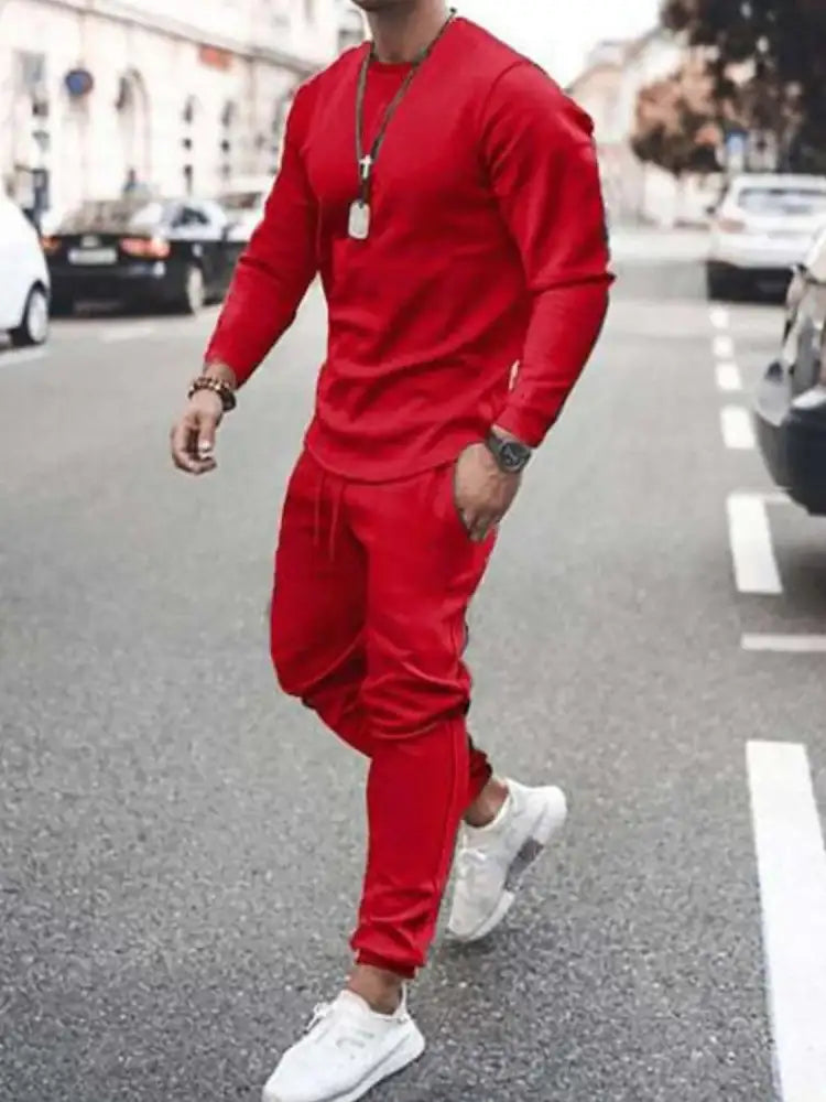 Men’s Full Size Round Neck Long Sleeve Top and Pants Set Plus