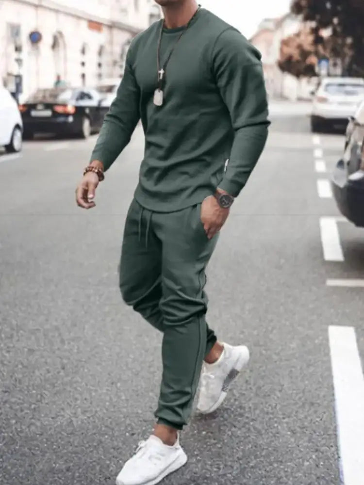 Men’s Full Size Round Neck Long Sleeve Top and Pants Set Plus