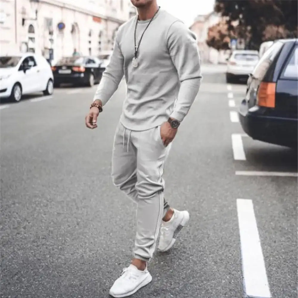 Men’s Full Size Round Neck Long Sleeve Top and Pants Set Plus