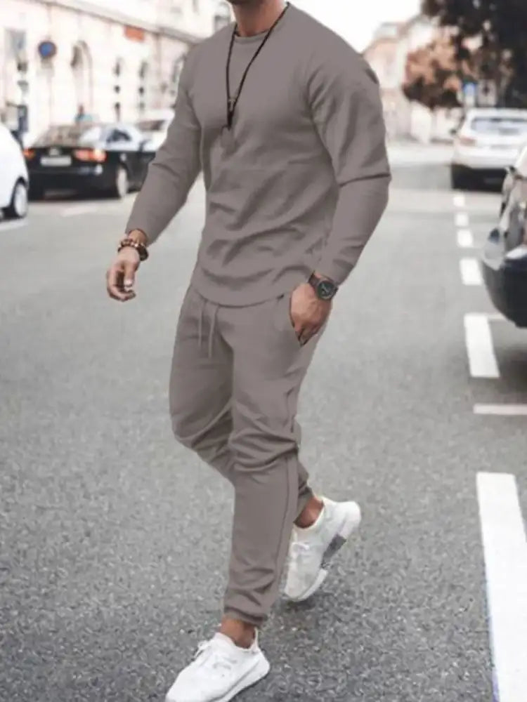 Men’s Full Size Round Neck Long Sleeve Top and Pants Set Plus