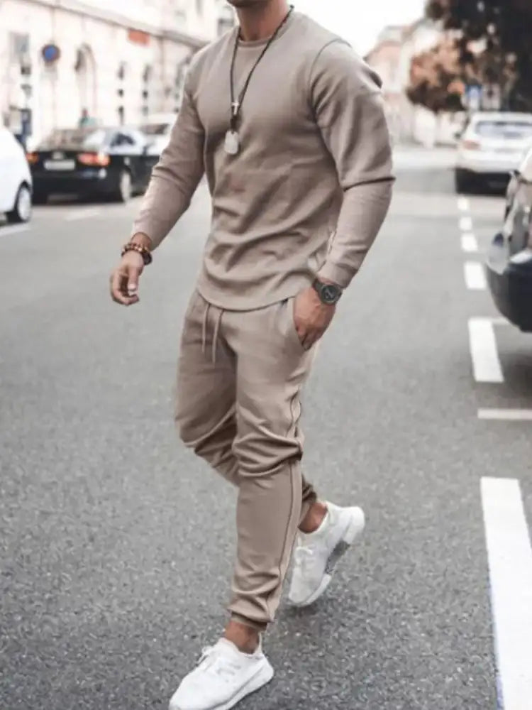 Men’s Full Size Round Neck Long Sleeve Top and Pants Set Plus