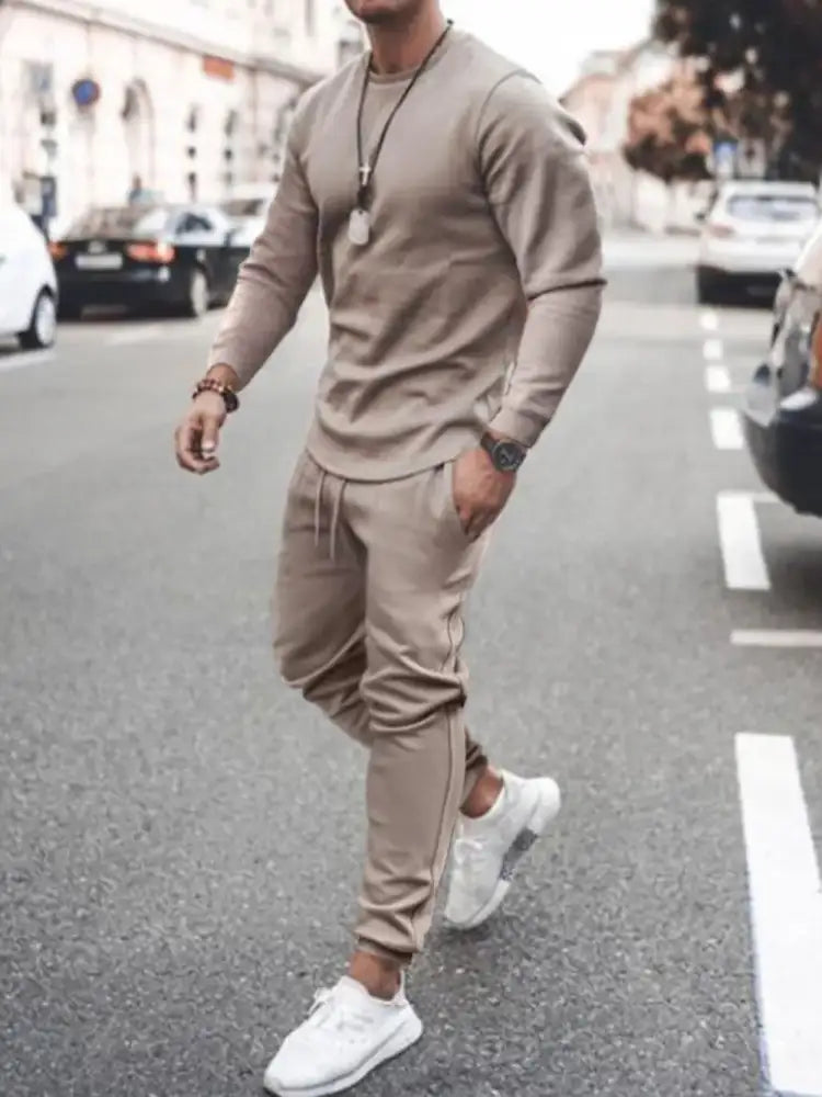 Men’s Full Size Round Neck Long Sleeve Top and Pants Set Plus