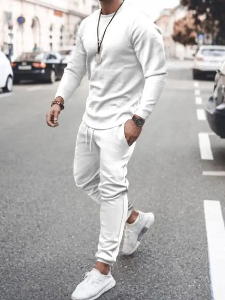 Men’s Full Size Round Neck Long Sleeve Top and Pants Set Plus