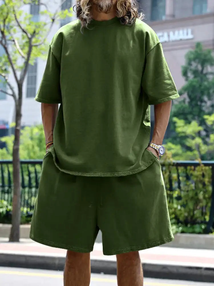 Men’s Full Size Round Neck Short Sleeve Top and Shorts Set Plus