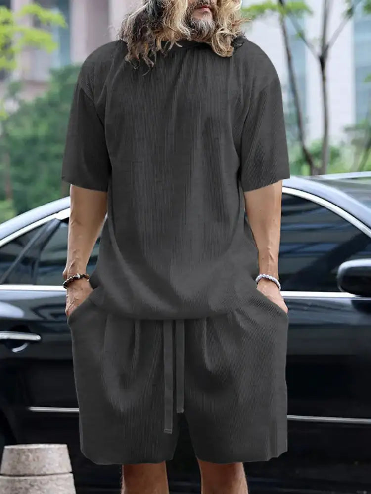 Men’s Full Size Round Neck Short Sleeve Top and Shorts Set Plus