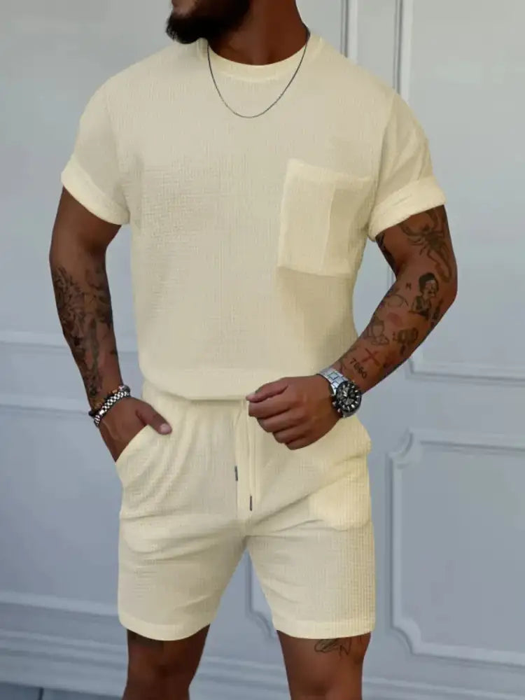 Men’s Full Size Round Neck Short Sleeve Top and Shorts Set Plus