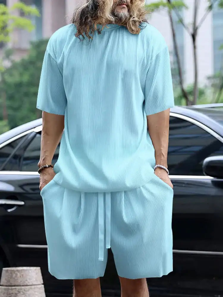 Men’s Full Size Round Neck Short Sleeve Top and Shorts Set Plus