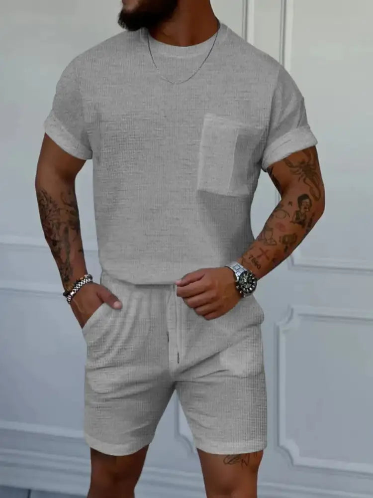 Men’s Full Size Round Neck Short Sleeve Top and Shorts Set Plus