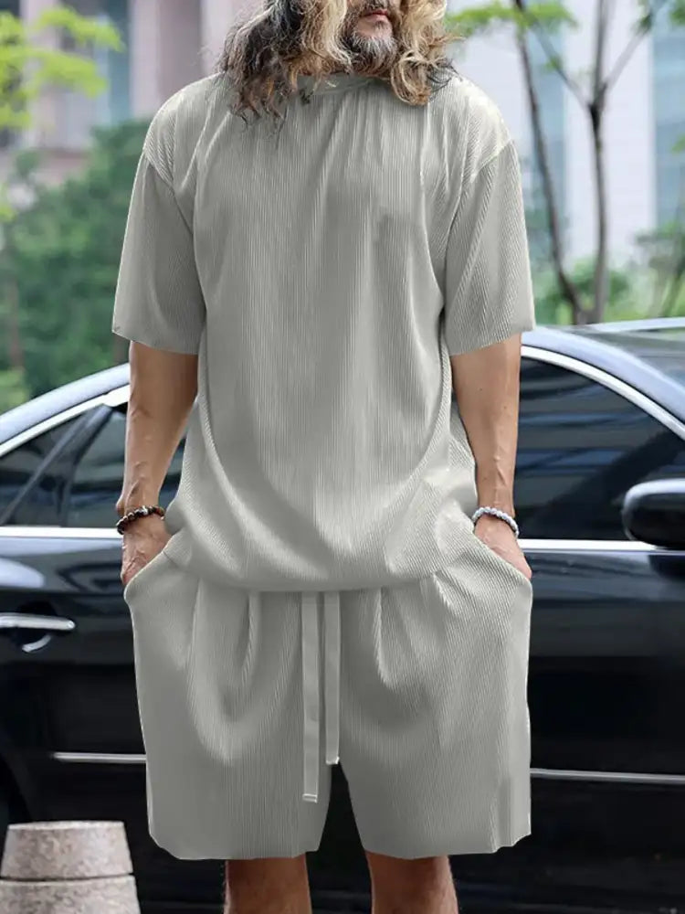 Men’s Full Size Round Neck Short Sleeve Top and Shorts Set Plus